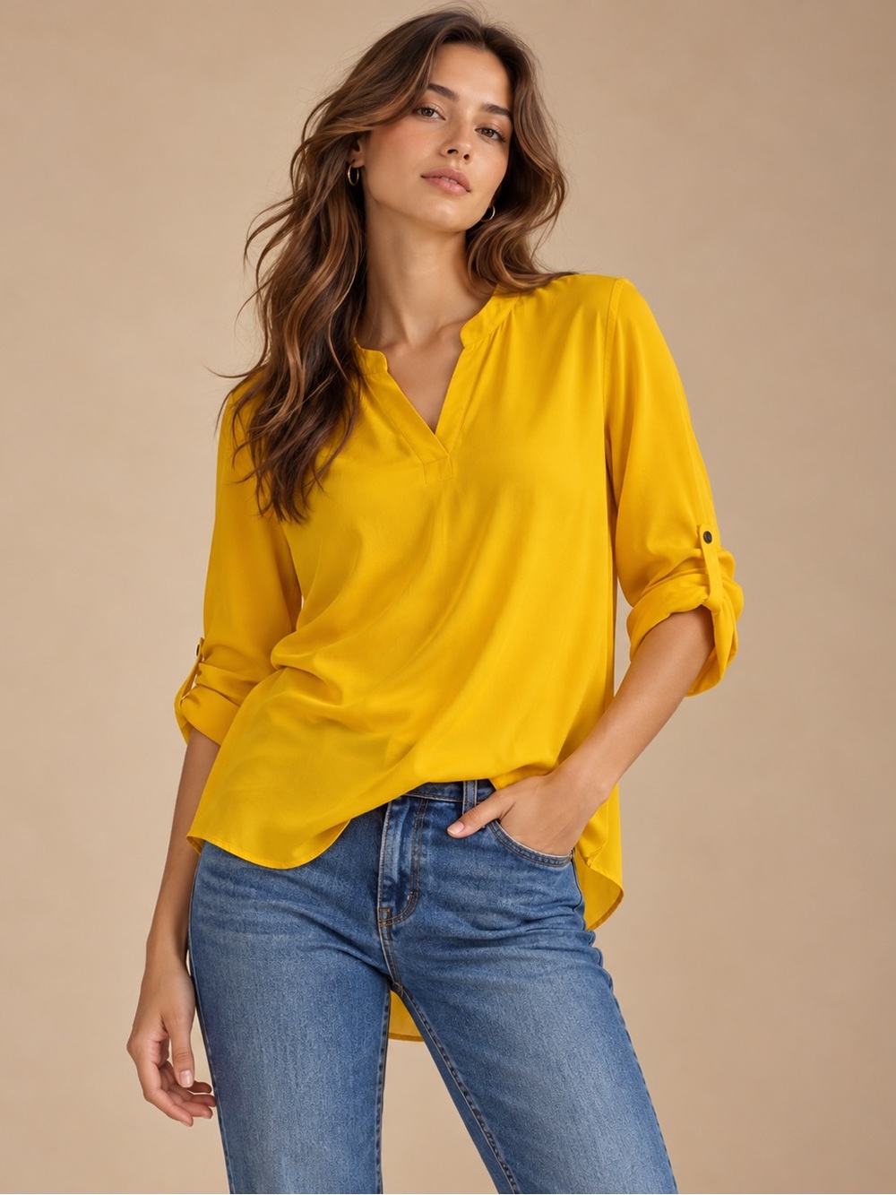 Chaus New York Mustard Yellow Roll Tab Sleeve Blouse Size L
